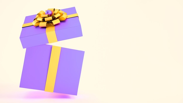 Фиолетовая подарочная коробка с золотой лентой на белом фоне и местом для копирования