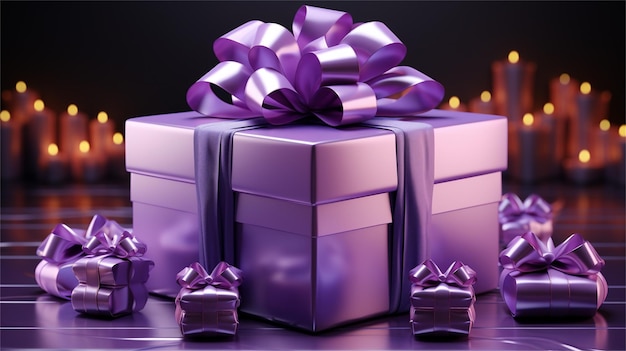 Фиолетовая подарочная коробка с фиолетовым луком и фиолетовыми лентами 3D рендеринг