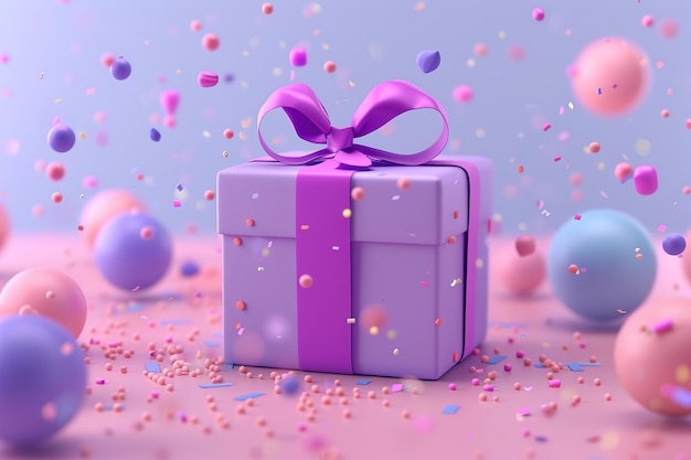 A purple gift box with ribbon surrounded by balloons and confetti