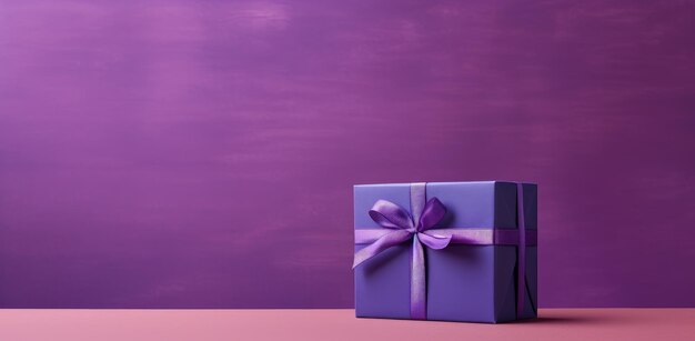 Foto una scatola regalo viola con un nastro su un tavolo di legno contro una parete viola