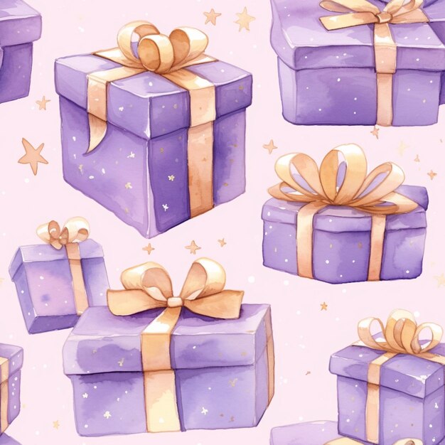 Purple gift boxes with gold bows and stars on a pink background generative ai