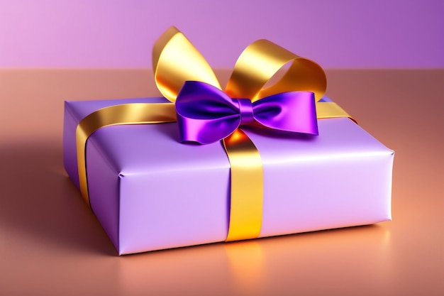 A purple gift with a gold ribbon and a purple bow
