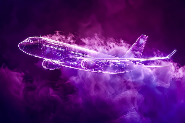 紫色のガラスの飛行機が紫色の雲の上空を飛んでいます 美学的なウォールラートの壁紙のバナー