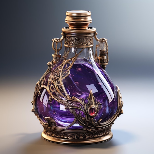 purple glass bottle with a gold handle and a metal base generative ai
