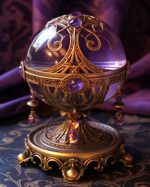 purple glass egg with gold trim and purple beads on a stand generative ai