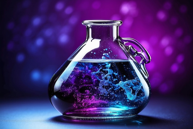 purple glass flask in blue research chemistry science banner laboratory background