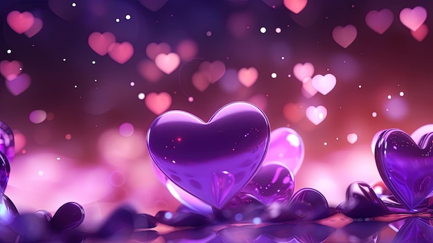 Photo purple glass hearts with hearts on a purple background.