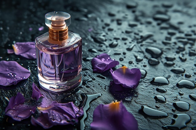 紫色のガラスの香水ボトルが花びらの中の暗い湿った石の上に立っています
