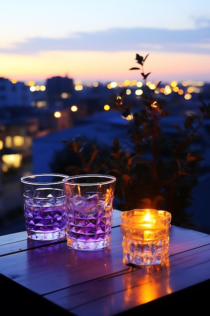 Purple glasses and candles against the background of the city