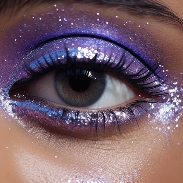 A purple glitter eye makeup with a silver glitter around the eye