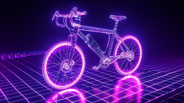 Foto bicicletta al neon luminosa viola su uno sfondo scuro paesaggio digitale astratto con una bicicletta a neon luminosa rendering 3d