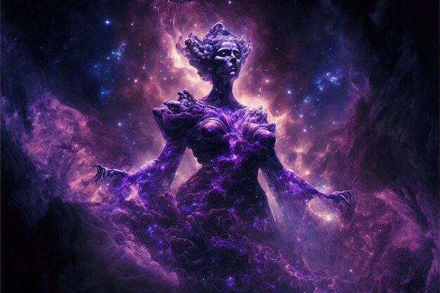 Foto concetto di risveglio della dea viola nell'arte astratta cosmica