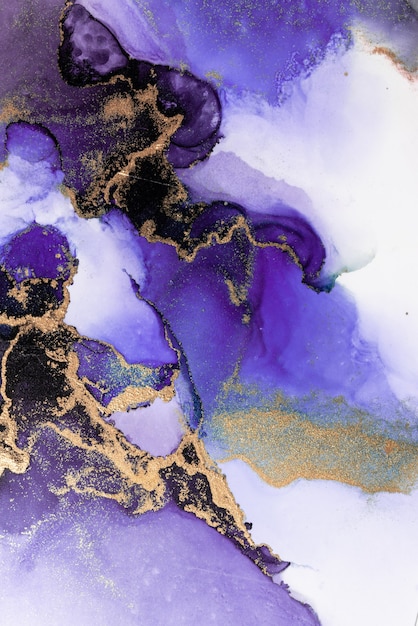 Purple gold abstract background of marble liquid ink art painting on paper .