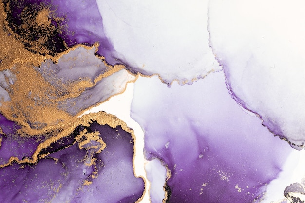 Purple gold abstract background of marble liquid ink art painting on paper .