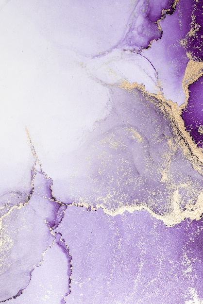 Purple gold abstract background of marble liquid ink art painting on paper .