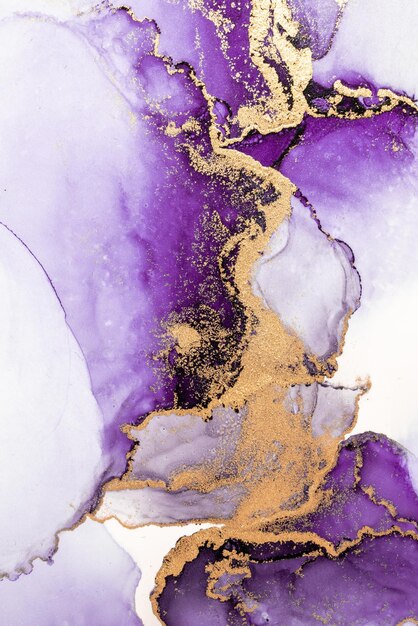 Purple gold abstract background of marble liquid ink art painting on paper