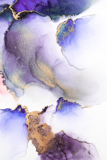 紙に大理石の液体インクアート絵画の紫金抽象背景