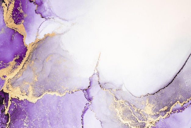 Purple gold abstract background of marble liquid ink art painting on paper