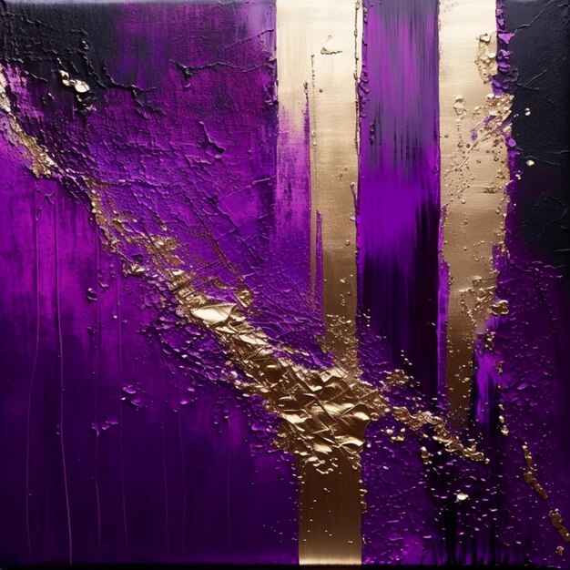 Purple and gold abstract painting with gold paint on a black background generative ai