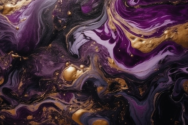 A purple and gold abstract painting with gold paint and black and white background.