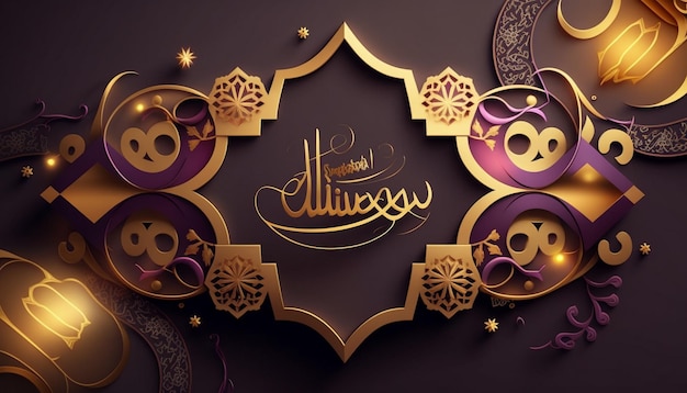 A purple and gold background with arabic text and a gold frame