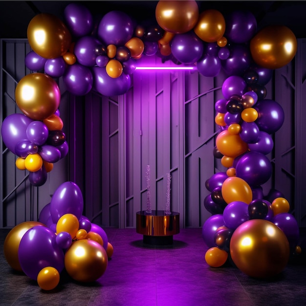 Purple and gold balloons in a room with a door 3d rendering