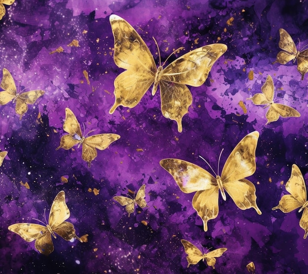 Purple and gold butterflies on a purple background generative ai