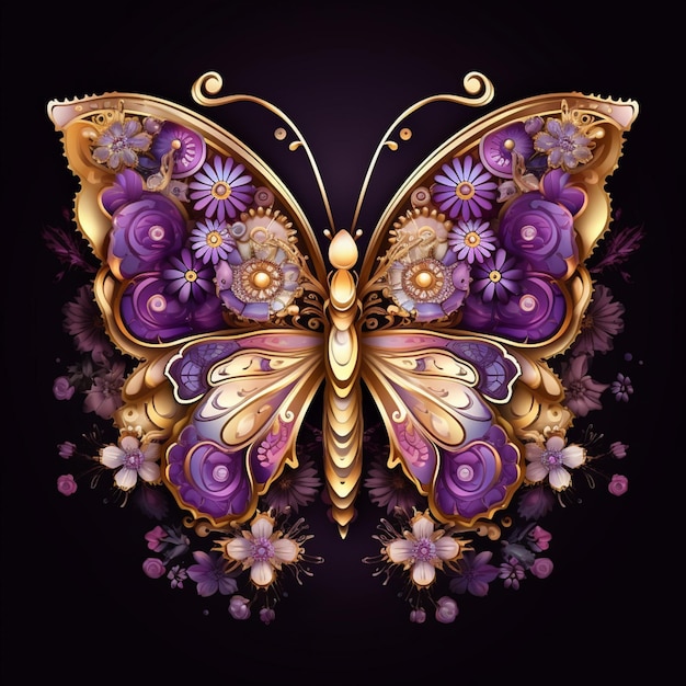 purple and gold butterfly with flowers and gold wings generative ai