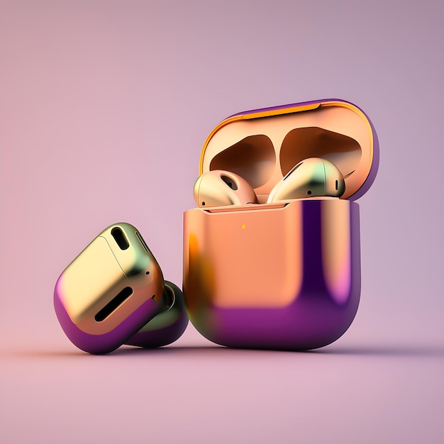 A purple and gold case with a gold colored earbuds in it.