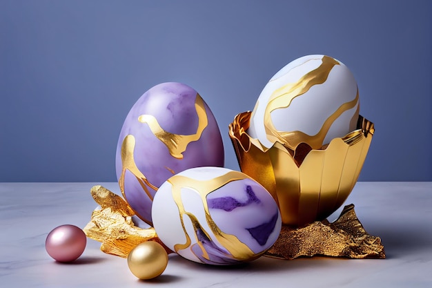 A purple and gold egg with gold foil on it