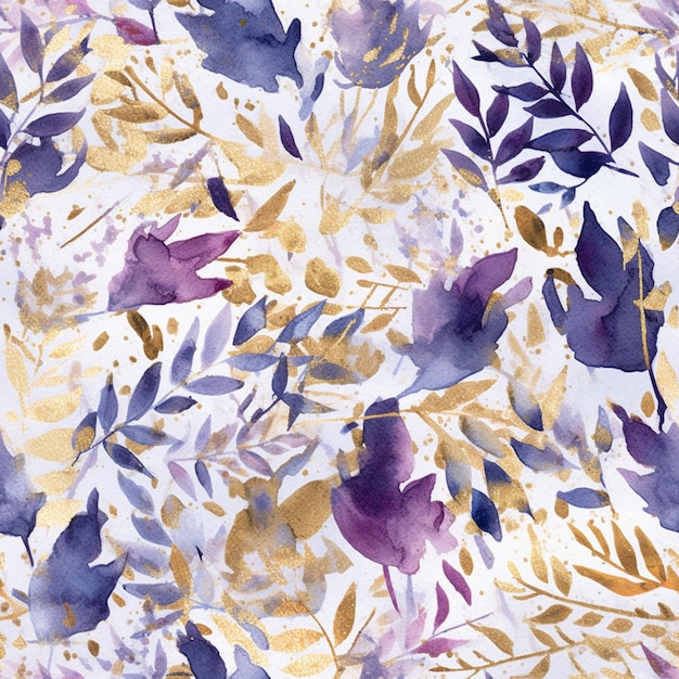 Purple and gold floral fabric with leaves and flowers on a white background generative ai