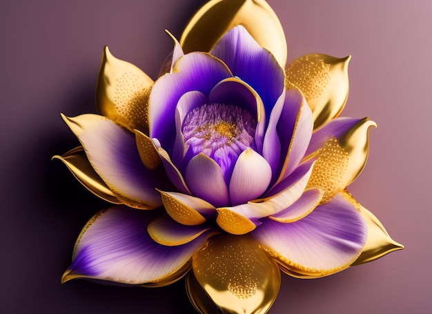 A purple and gold flower with gold leaves