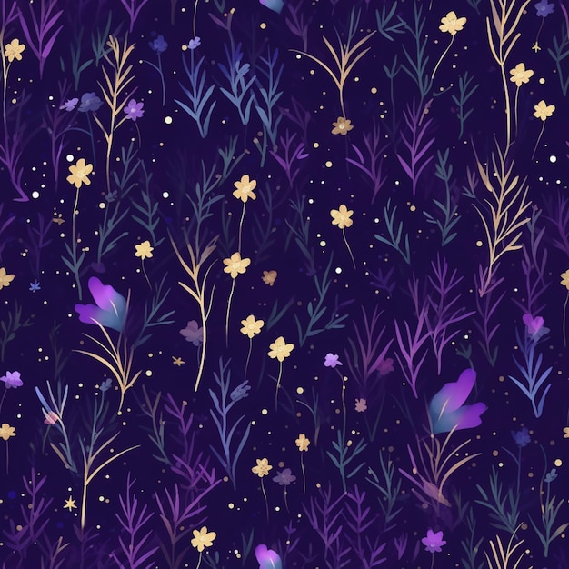 Purple and gold flowers and leaves on a dark background generative ai