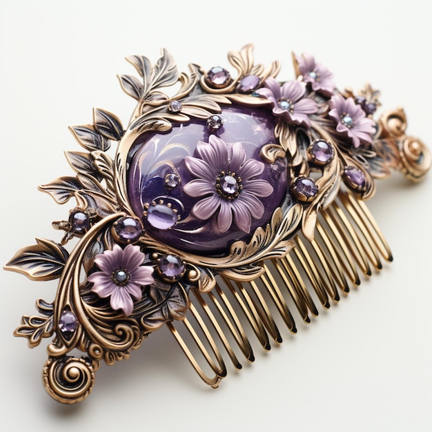 purple and gold hair comb with flowers and leaves generative ai