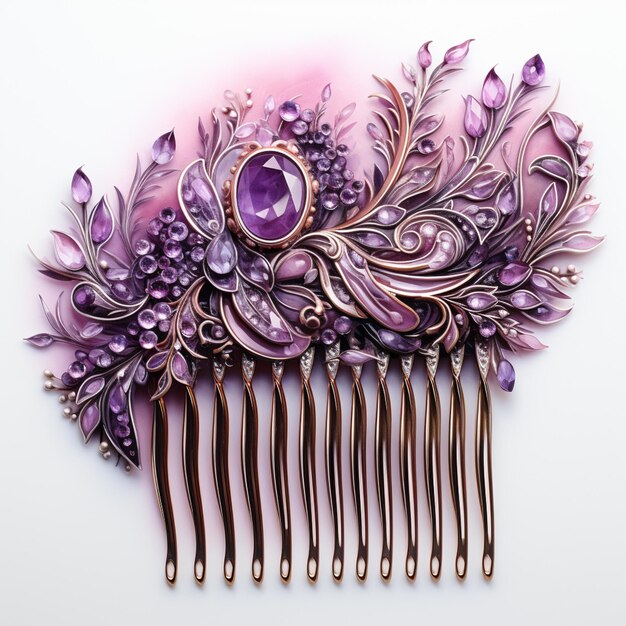 purple and gold hair comb with purple flowers and leaves generative ai