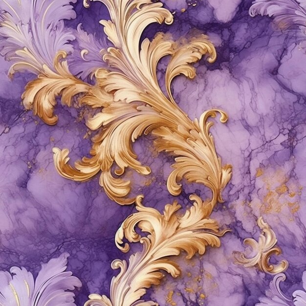 Purple and gold marble with gold leaf design generative ai