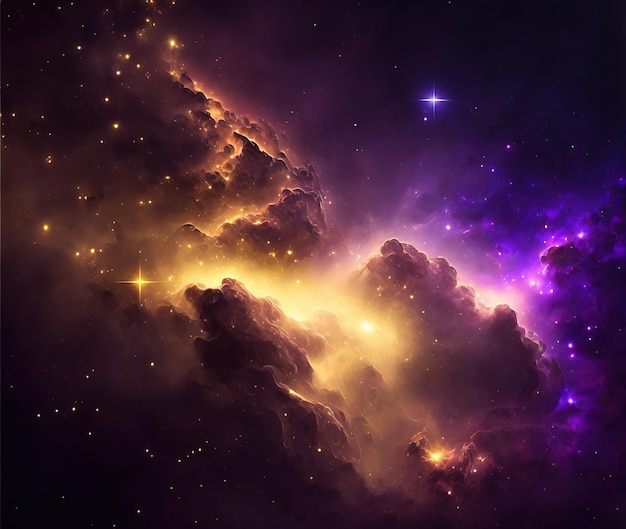 Foto nebulosa viola e dorata con stelle galassia fantastica sfondo generativo ai