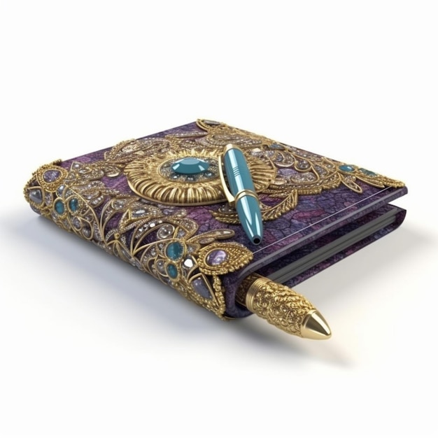 Purple and gold notebook with a pen and a jewel generative ai