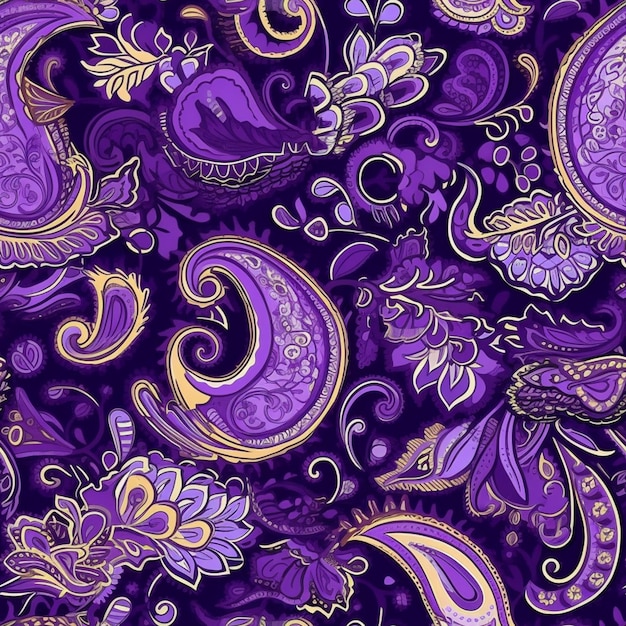 purple and gold paisley fabric with a purple background generative ai