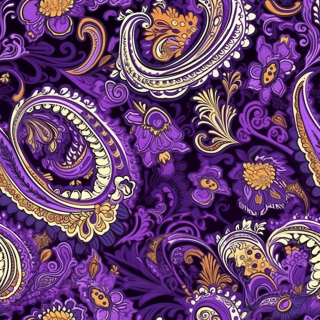 purple and gold paisley print fabric with a black background generative ai