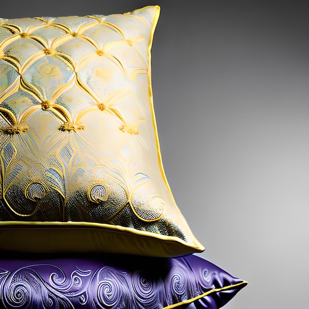 A purple and gold pillow with a blue design on it.