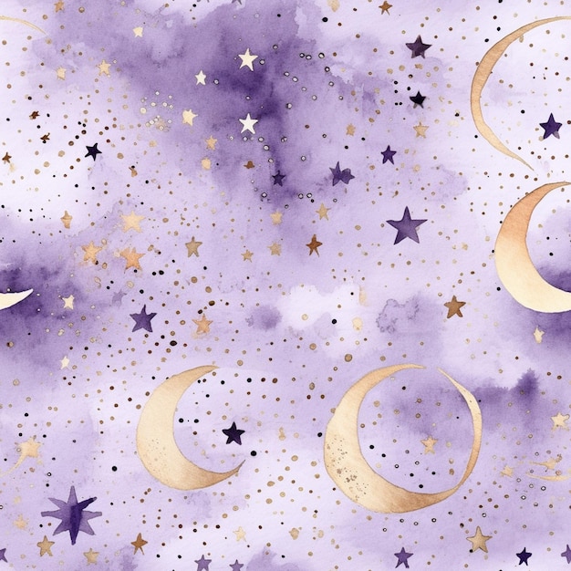 Purple and gold stars and crescents on a purple background generative ai