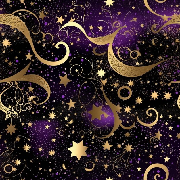 Photo purple and gold stars and swirls on a black background generative ai