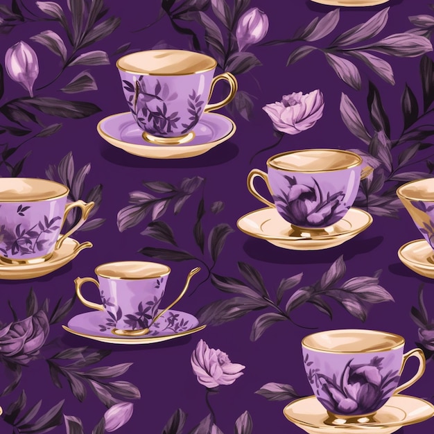 Purple and gold teacups and saucers with purple flowers on a purple background generative ai