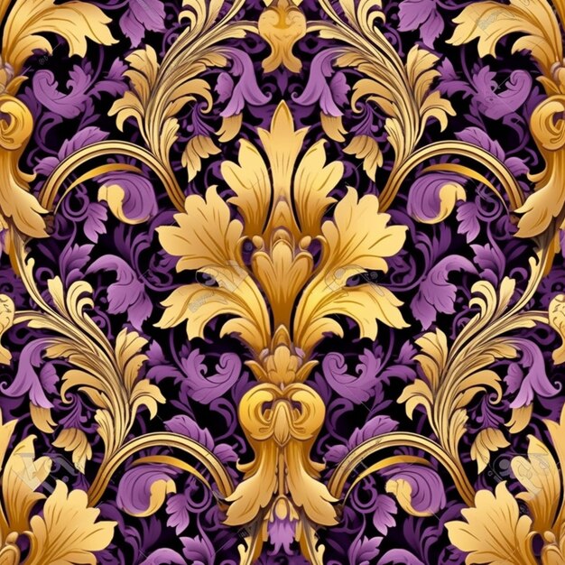 a purple and gold wallpaper with a floral design generative ai