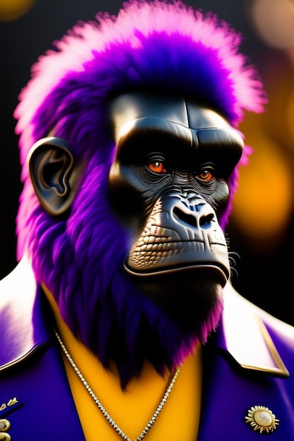 A purple gorilla with a yellow shirt and a purple shirt.