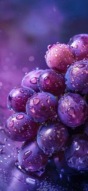 写真 紫色の背景に水滴が付いている紫色のブドウ
