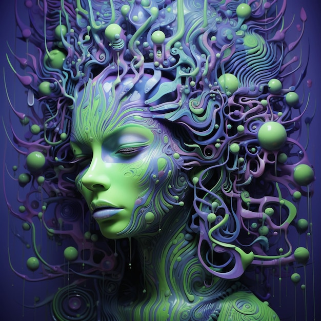 Фиолетовое и зеленое произведение искусства женщины с зеленым лицом, генеративный ИИ