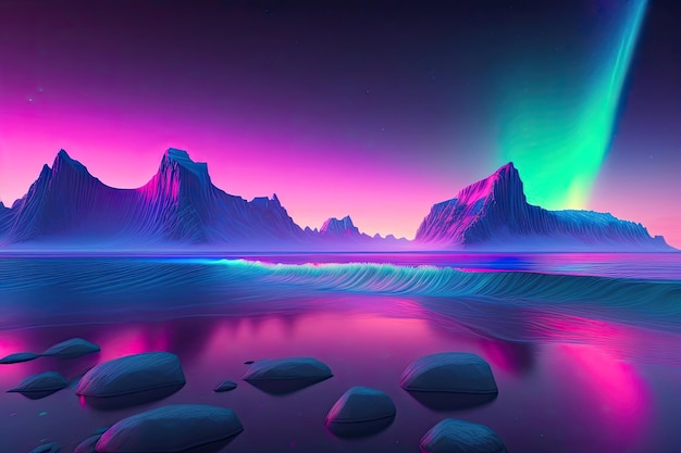 山とその上に光がある湖の上の紫と緑のオーロラ。