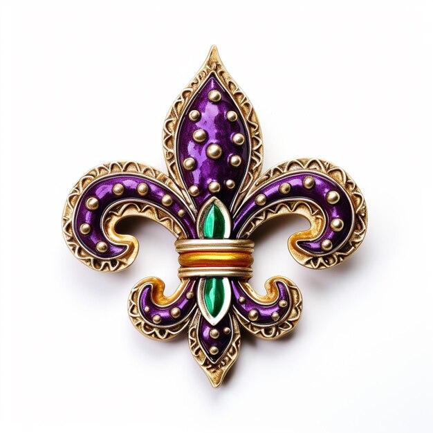 purple and green fleur de lis brooch with gold accents generative ai